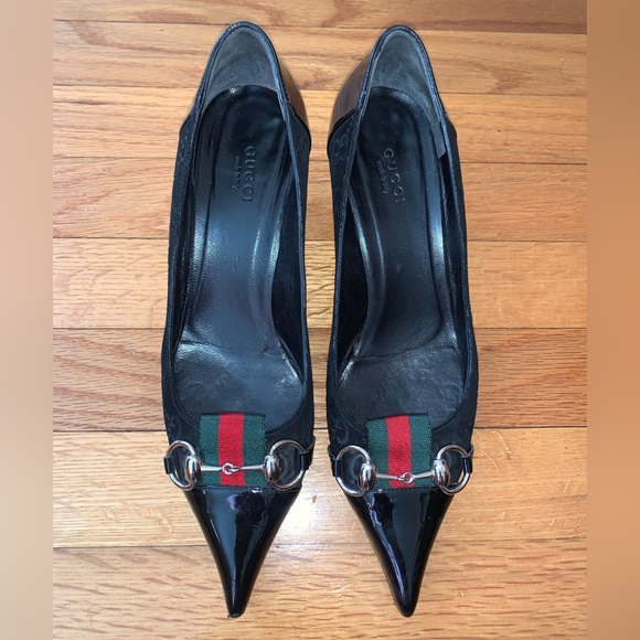 Gucci Horsebit Web Stripe GG Pump Size 7 Black Suede Pointed Toe Kitten Heel - Picture 2 of 9